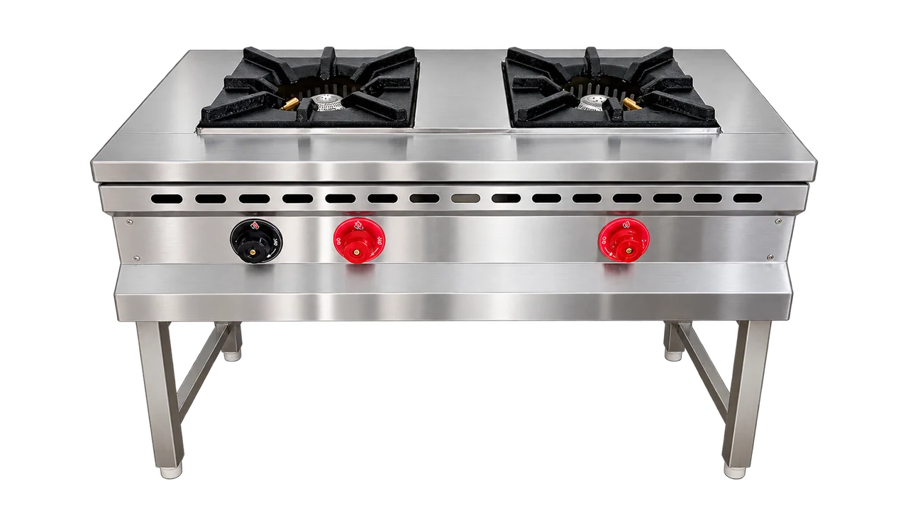 Double Burner Commercial Gas Stove with the equipment isolated on a transparent background