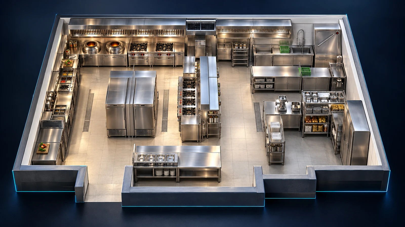 Illustrative 3D hotel kitchen layout concept with cooking, preparation, washing and storage zones