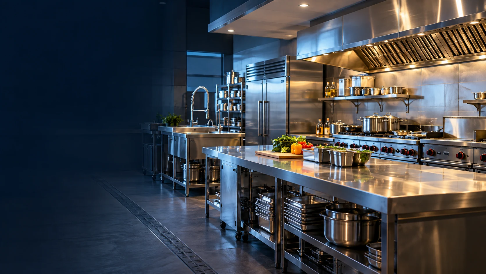 Illustrative stainless steel commercial kitchen with cooking, preparation and refrigeration equipment